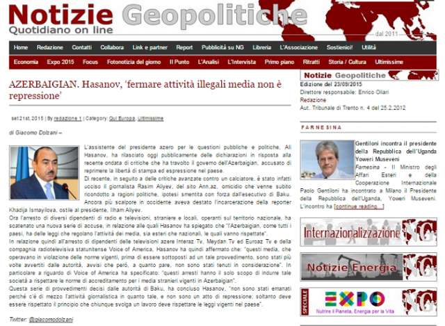 Notizie Geopolitiche issues stsatement by Azerbaijani President`s aide